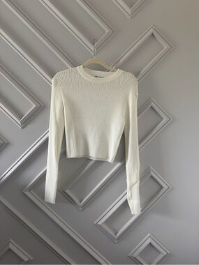 White Ribbed Long-Sleeve Knit Sweater Top